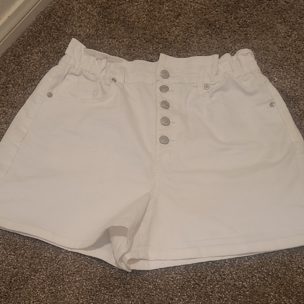 LOFT High Waist White Shorts with Button Accents